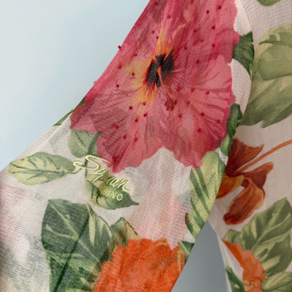 Tommy Bahama | Sheer Floral Mesh Top Cover up Beaded Hibiscus Long Sleeve Sz M - Picture 11 of 11